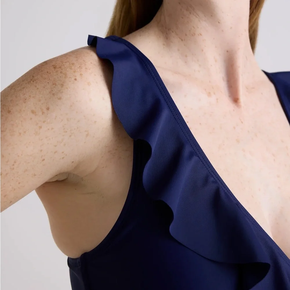 NWT Quince Italian Maternity One-Piece Ruffle Wrap Swimsuit Navy Blue Sz Large - Picture 5 of 11